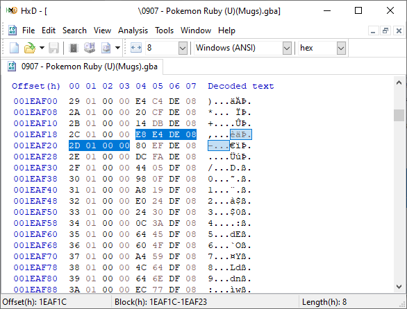 An hex editor, the bytes E8 E4 DE 08 2D 01 00 00 highlighted.