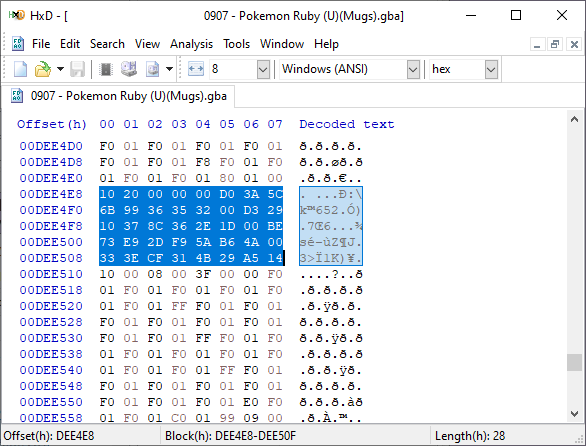 An hex editor, bytes highlighted starting with 10 20 00 00 00 D0 3A.