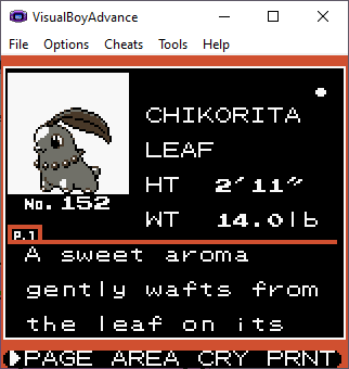 A gray and brown Chikorita in the Pokédex