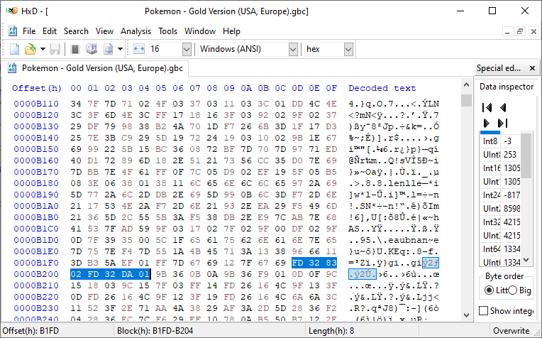 A hex editor, the bytes FD 32 83 02 FD 32 DA 01 highlighted.