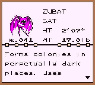 A magenta Zubat in the Pokédex