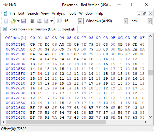 A hex editor, the byte "14" at position 0x725F1 in red.